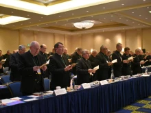 Members of the U.S. Conference of Catholic Bishops pray at their fall meeting in Baltimore, Maryland on Nov. 11, 2019